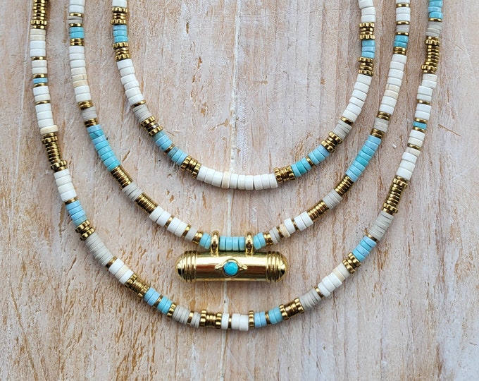 Featured listing image: White Lt Blue Beige Gold Heishi Beads Pendant Necklace 18k Gold Plated Boho Jewellery - BOHOSEASON