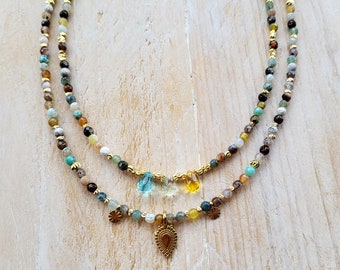 Mixed Fire Agate Necklace 18k Gold Plated Boho Pendants Charms Beads - BOHOSEASON