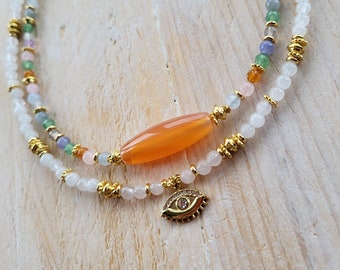 White Jade 18k Gold Plated Orange Agate Gemstone Beads Boho Necklace Eye Pendant - BOHOSEASON