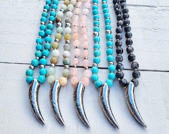 Labradorite Rose Quartz Amazonite Turquoise Beaded Necklace 80cm Stainless Steel Beads Non Tarnish - BOHOSEASON