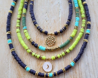 Heishi Necklace Moon Pendant Lime Navy Turquoise 18k Gold Plated Jewellery - BOHOSEASON