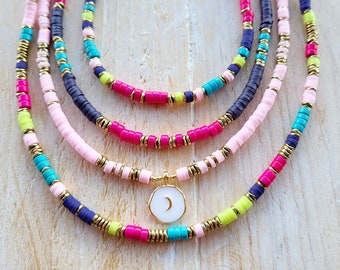 Pinks Yellow Purple Heishi Necklace Reversible Moon Pendant 18k Gold Plated Boho Jewellery - BOHOSEASON