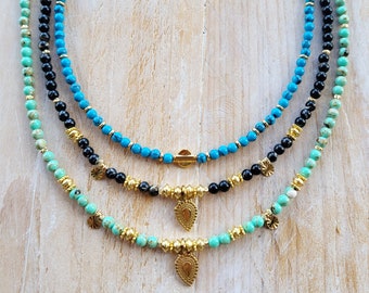 Sea Shell Gemstone Beads 18k Gold Plated Pendants Charms Necklace 16" Blue Green Black - BOHOSEASON