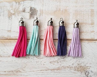 5 x Faux Suede Tassels 65mm Pink Green Navy Lilac Jewellery Findings Charms - Bohoseason