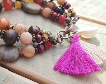 Boho Bracelet 3 x Rows Agate Jasper Deep Reds Oranges Gemstones Wooden Beads Tassels Shell  - BOHOSEASON