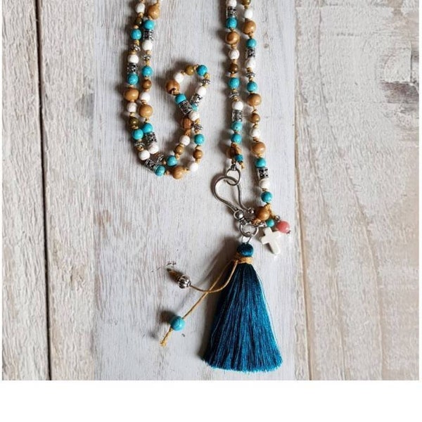 BOHO Hippie Boho Long pompon collier en bois, d’argent et Turquoise pierres précieuses perles par - BOHOSEASON