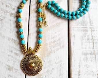 Turquoise Beaded Boho Necklace Large Golden Pendant Spacers - BOHOSEASON