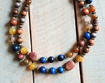 Boho Beaded Necklace 10mm Blue Dumortierite Agates Jasper Bronze Blue Brown by - BOHOSEASON