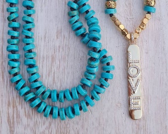 Turquoise Heishi Beaded Boho Necklace Large Love Pendant Spacers - BOHOSEASON