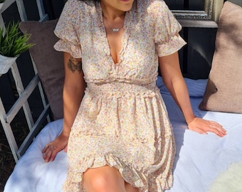 Floral Print Chiffon Frills Festival Boho Summer Dress Cream Pink - Bohoseason