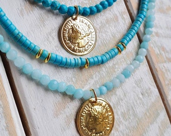 Turquoise Beaded Necklaces Gemstone Heishi 18k Gold Plated Roman Coin Pendant - BOHOSEASON