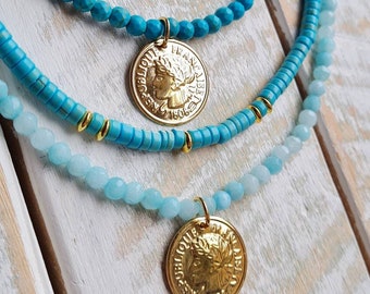 Turquoise Beaded Necklaces Gemstone Heishi 18k Gold Plated Roman Coin Pendant - BOHOSEASON