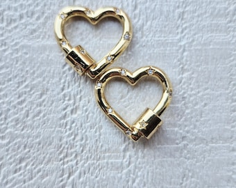 Gold Cz Heart Shaped Carabiner Screw Clasp 18k Gold Plated  - Bohoseason