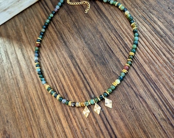 Boho Necklace indian Agate Gemstone Diamond Shaped Charms 18k Gold Plated  - BOHOSEASON
