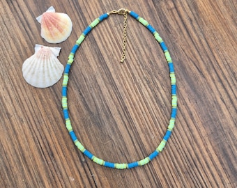 Heishi Necklace Blue Green Stripes 18k Gold Plated Boho Jewellery - BOHOSEASON