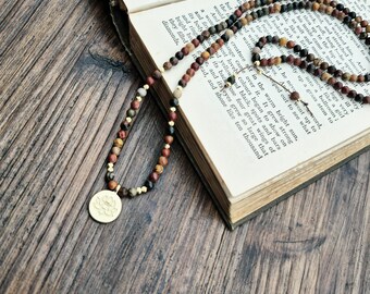 Lotus Flower Pendant Necklaces Picasso Jasper Beads 70cm - BOHOSEASON