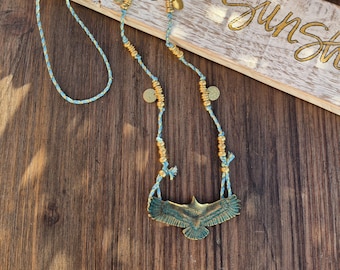 Eagle Pendant Blue Cord Necklace Brass Beads Coins Charms - BOHOSEASON