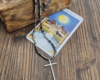 Labradorite and Steel Gemstone Beaded Boho Necklace Cross Pendant Stainless Steel Grey Silver Men Women Unisex - BOHOSEASON