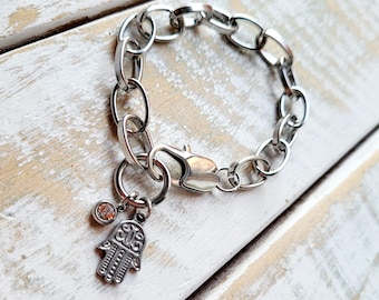 Chain Bracelet Stainless Steel Chunky Links Cz Hamsa Charm - BOHOSEASON