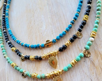 Sea Shell Gemstone Beads 18k Gold Plated Pendants Charms Necklace 16" Blue Green Black - BOHOSEASON
