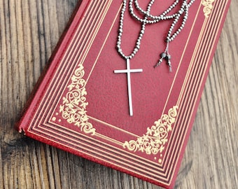 Silver Stainless Steel Beaded Boho Necklace Cross Pendant Men Women Unisex - BOHOSEASON