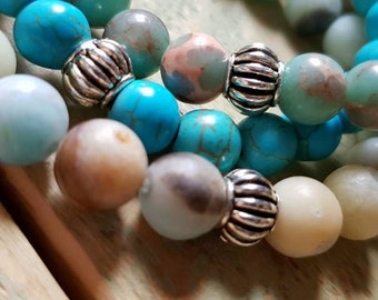 3 x Bohemian Boho Gemstone Beaded Bracelets Stack 8mm Turquoise, Amazonite, Aqua Terra Jasper Greens - BOHOSEASON