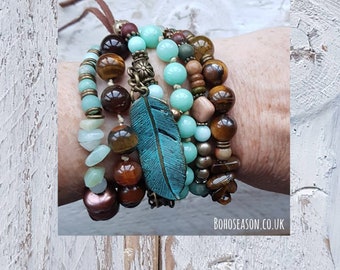 6 Row Gemstone Bracelet Jaspers Aquamarine, Tigers Eye Pearls Druzy Browns & Aquas - BOHOSEASON