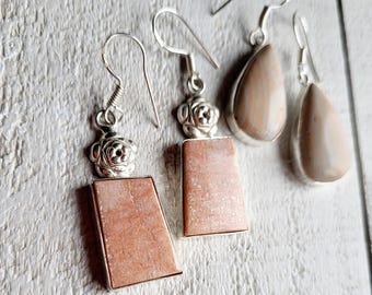 Gemstone Earrings Peach Calcite Crazy Lace Agate Drops Pierced 925 Silver Plated - BOHOSEASON