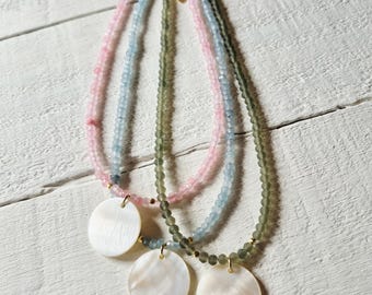 Shell Pendant Necklace Jade Seaglass Beads Choose Pink Green Aqua  - BOHOSEASON