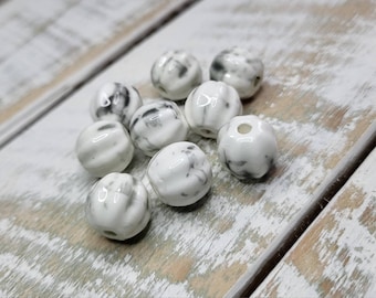 White Porcelain Beads 12mm Pumpkin Shaped Hand Painted - BOHOSEASON