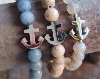 Mens Stretch Bracelet Gemstone Beads Stainless Steel Anchor Nautical  - BOHOSEASON