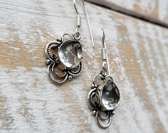 Earrings Clear Quartz Gemstone Drops 925 Silver Plated Pierced - BOHOSEASON