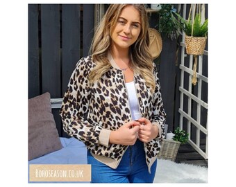 Leopard Print Bomber Style Jacket Beige Black - Bohoseason
