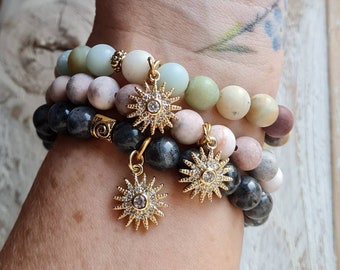 Gemstone Bracelets Golden Pave Sun Charm Amazonite Labradorite Pink Zebra Jasper Beads - BOHOSEASON