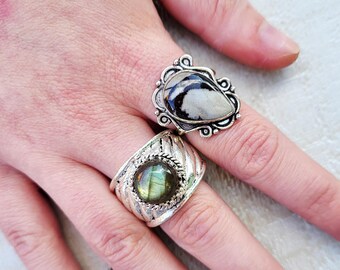 Labradorite or Map Stone Gemstone Rings 925 Silver Plated - BOHOSEASON
