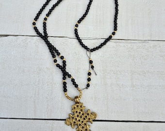 Boho Black and Brass Beaded Necklace Coptic Cross - BOHOSEASON