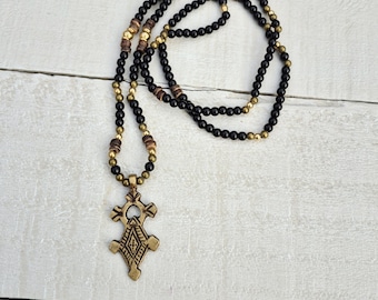 Boho Black and Brass Beaded Necklace Agadez Cross Pendant Tuareg Style - BOHOSEASON