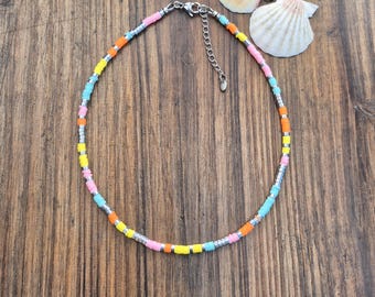 Heishi Necklace Beaded Orange Turquoise Pink Silver Steel Boho - BOHOSEASON