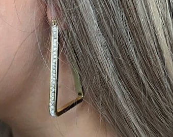 Pave Golden Earrings CZs Triangular 40mm Drops Pierced  - BOHOSEASON