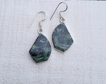 Kambaba Jasper Green Gemstone Earrings Stone Drops Pierced 925 Silver Plated - BOHOSEASON