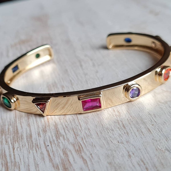 18k Gold Plated Bracelet Bangle Cuff Multicolored Stones - BOHOSEASON