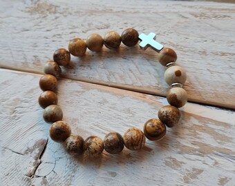 Mens Stretch Bracelet Picture Jasper Beads and Stainless Steel Cross - BOHOSEASON