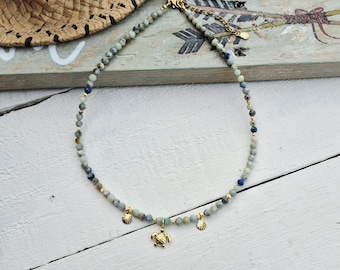 Blue Turtle Pendant Azurite Calcite Gemstone Beaded Shell Charms 18k Gold Plated - BOHOSEASON