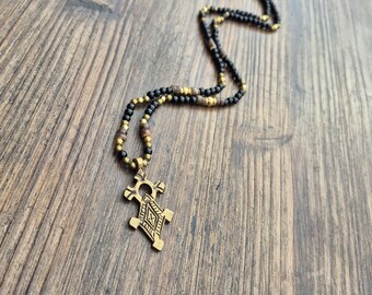 Black and Brass Bead Necklace Agadez Cross Pendant Tuareg Style Boho Jewellery - BOHOSEASON