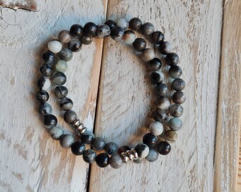 Mens Amazonite Gemstone Stainless Steel Bracelet Black Greys - BOHOSEASON