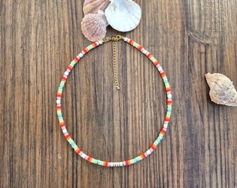 Heishi Necklace White Multi Stripes 18k Gold Plated Pink Red Turquoise Orange Boho Jewellery - BOHOSEASON