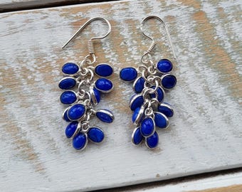 Earrings Dark Blue Chalcedony Gemstone Drops Pierced 925 Silver Plated - BOHOSEASON