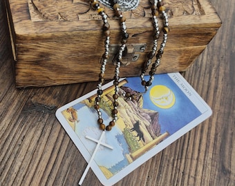 Tigers Eye and Steel Gemstone Beaded Boho Necklace Cross Pendant Stainless Steel Grey Silver Men Women Unisex - BOHOSEASON