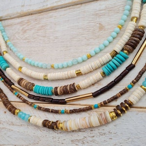 Aquamarine Heishi Beads Boho Necklaces Aqua Brown Cream Turquoise Shells Golden Spacers - BOHOSEASON