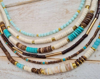 Aquamarine Heishi Beads Boho Necklaces Aqua Brown Cream Turquoise Shells Golden Spacers - BOHOSEASON